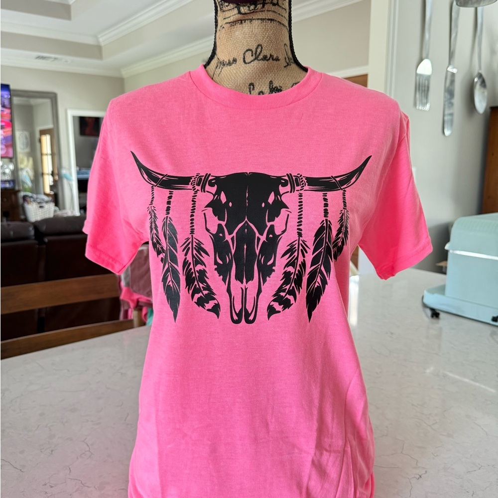 Gildan Pink Short Sleeve Tee with Black Bull Skull Design